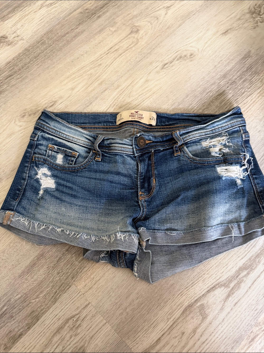 Hollister Women's Faded Blue Distressed Roll-Cuff Jean Shorts